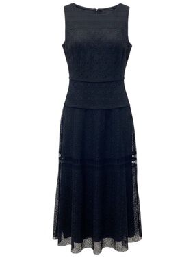 TALBOT RUNHOF NAVY BLUE SLEEVELESS LACE MIDI DRESS